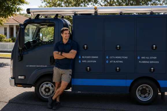 Plumber standing beside a service van in Canada Bay