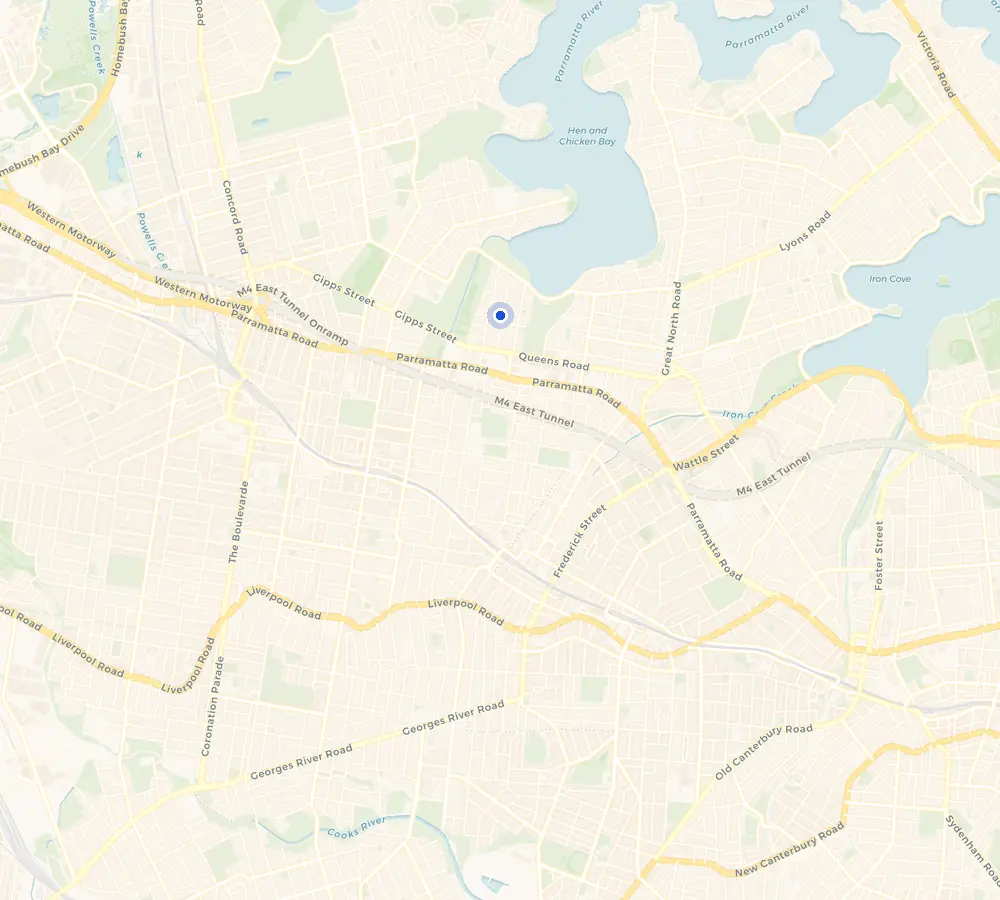Map of the Canada Bay service area and the surrounding Inner West, showing Canada Bay and the nearby streets we cover.