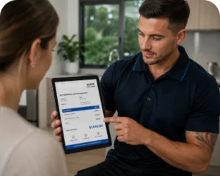 Plumber showing a Canada Bay customer the quote on a tablet