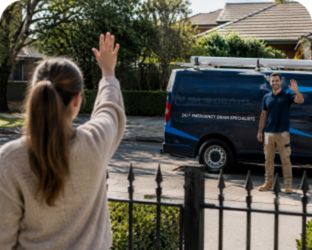 Customer waving goodbye to a Canada Bay Blocked Drains plumber